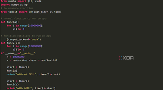 A screenshot of Python code running a JIT function against a CPU and a GPU with a timer command measuring the difference between the two.