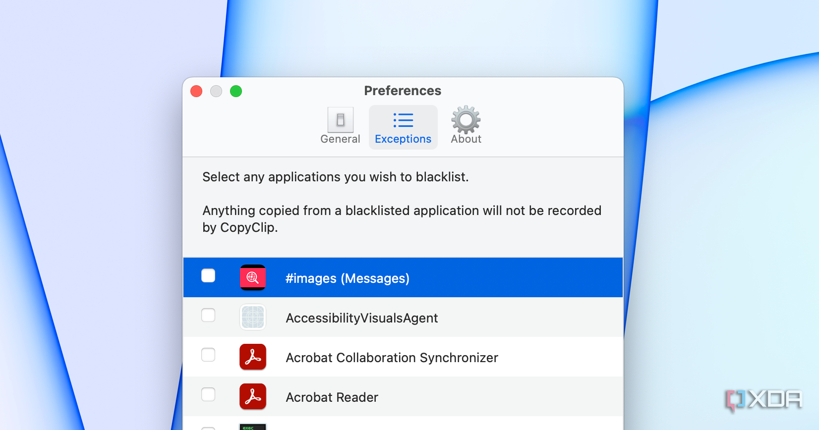 The option to blacklist an application in CopyClip.