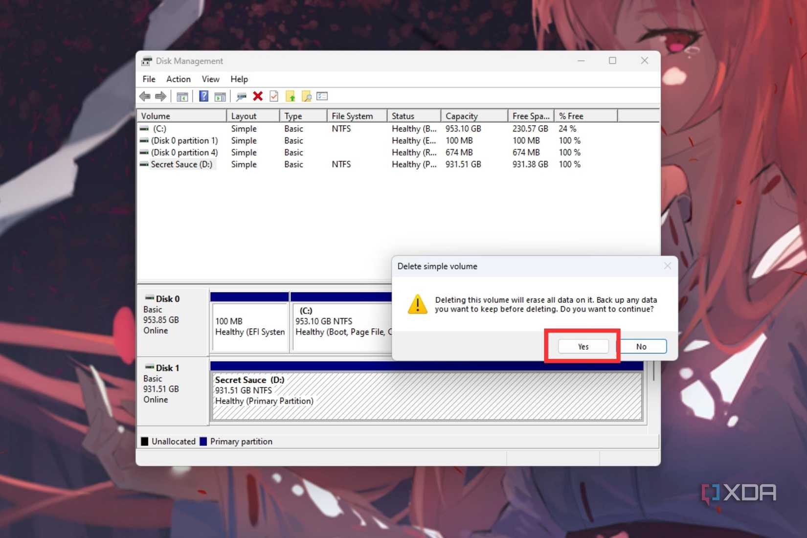 A sreenshot showing the delete volume confirmation box.