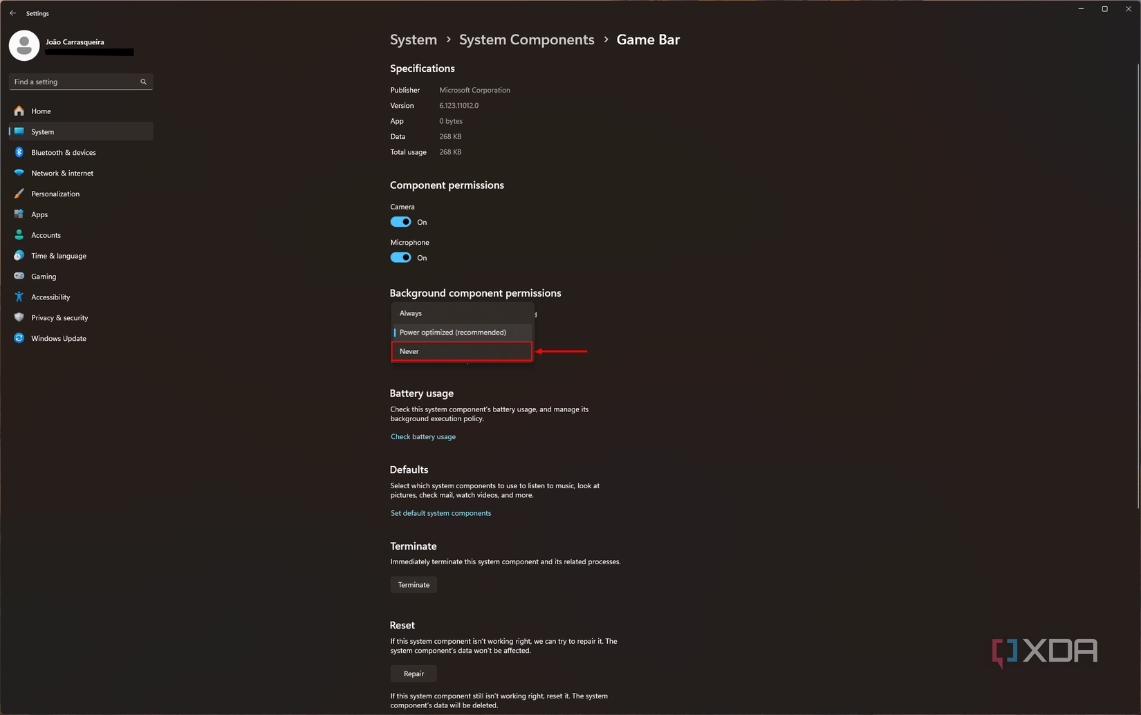 Screenshot of advanced options for Game Bar with the background permissions set to never