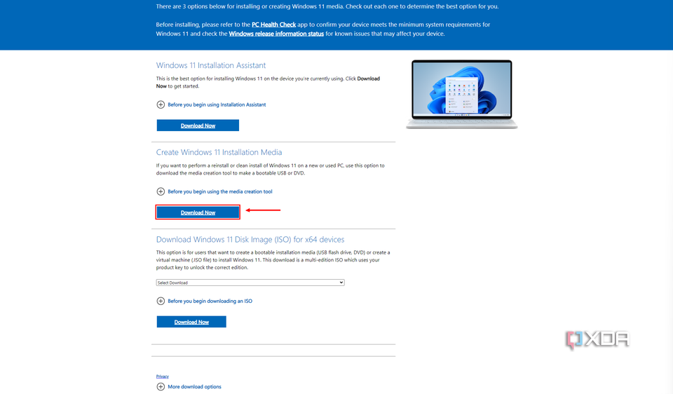 Screenshot of the Windows 11 download page with the Download Now button highlighted under Create Windows 11 Installation Media