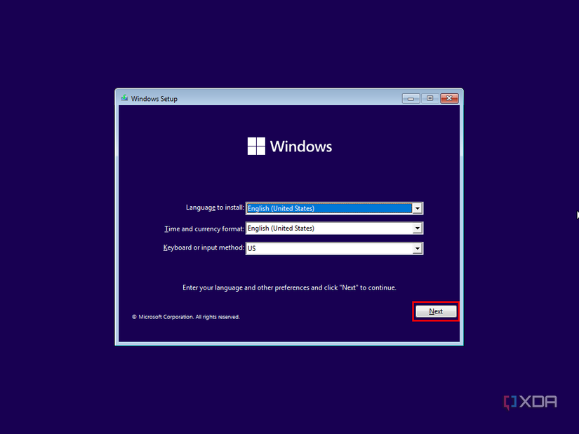 Screenshot of Windows pre-installation environment asking the user to choose language and regional settings