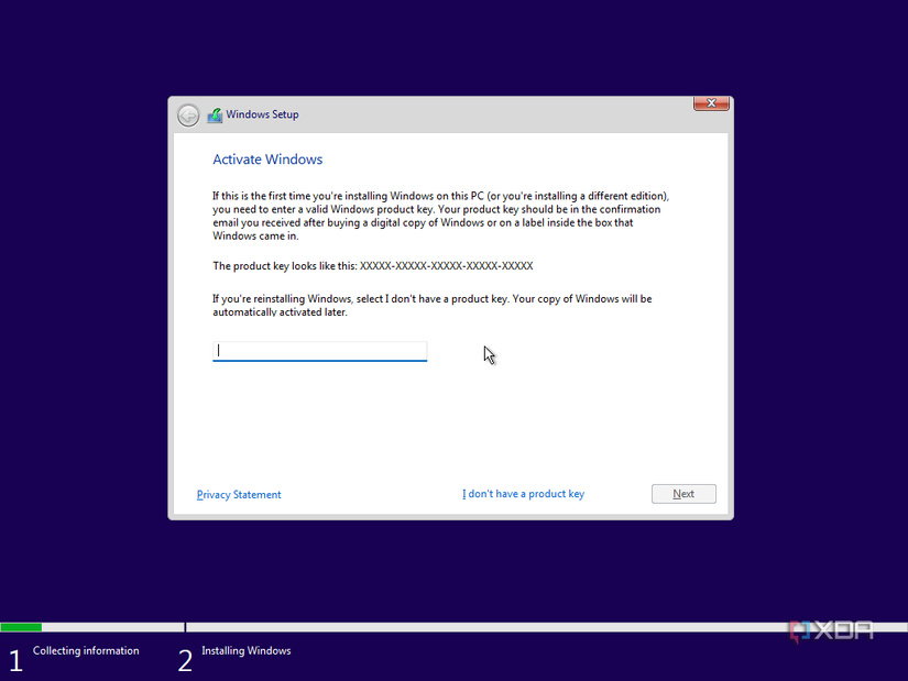 Screenshot of Windows pre-installation environment asking the user for a product key