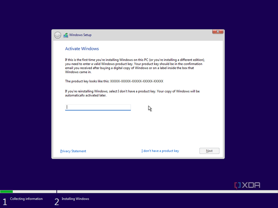 Screenshot of Windows pre-installation environment asking the user for a product key