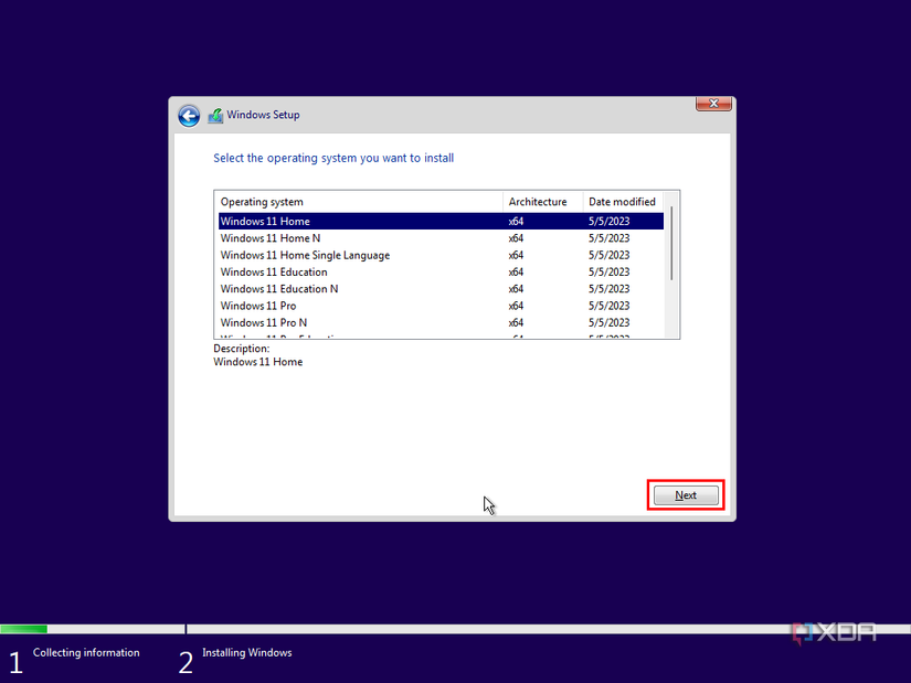 Screenshot of Windows pre-installation environment asking the user to choose the correct edition of Windows 11