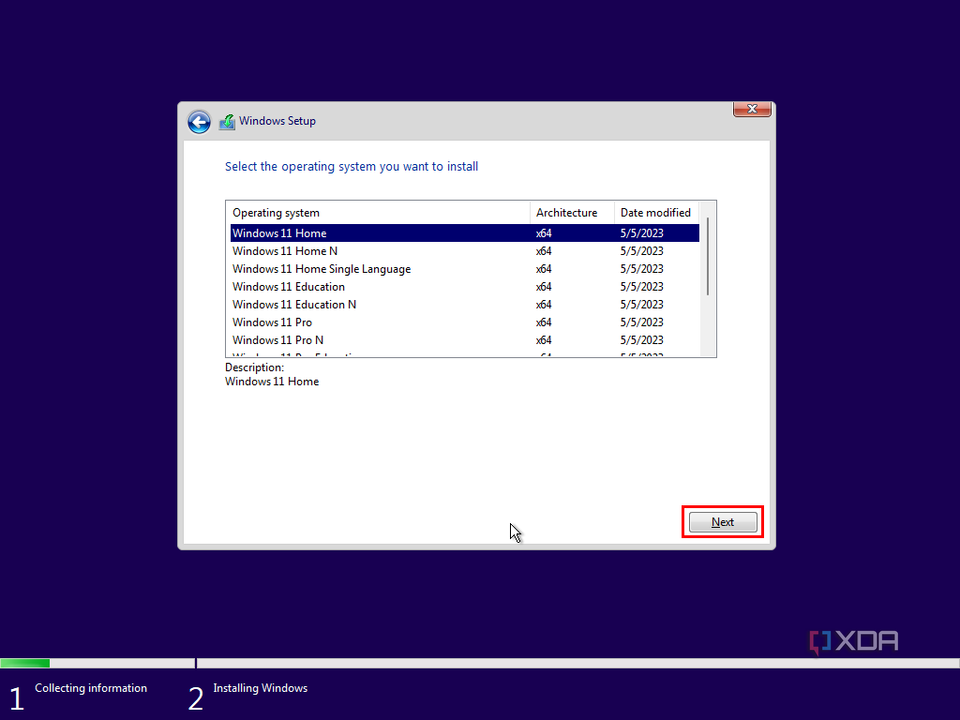 Screenshot of Windows pre-installation environment asking the user to choose the correct edition of Windows 11