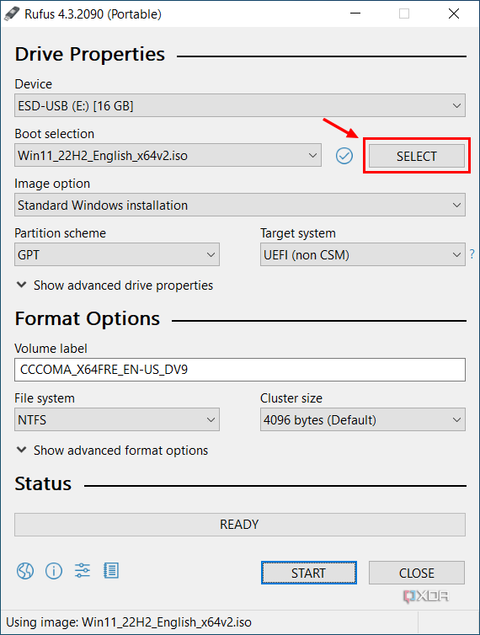 Screenshot of Rufus with the Select button highlighted to choose a source ISO