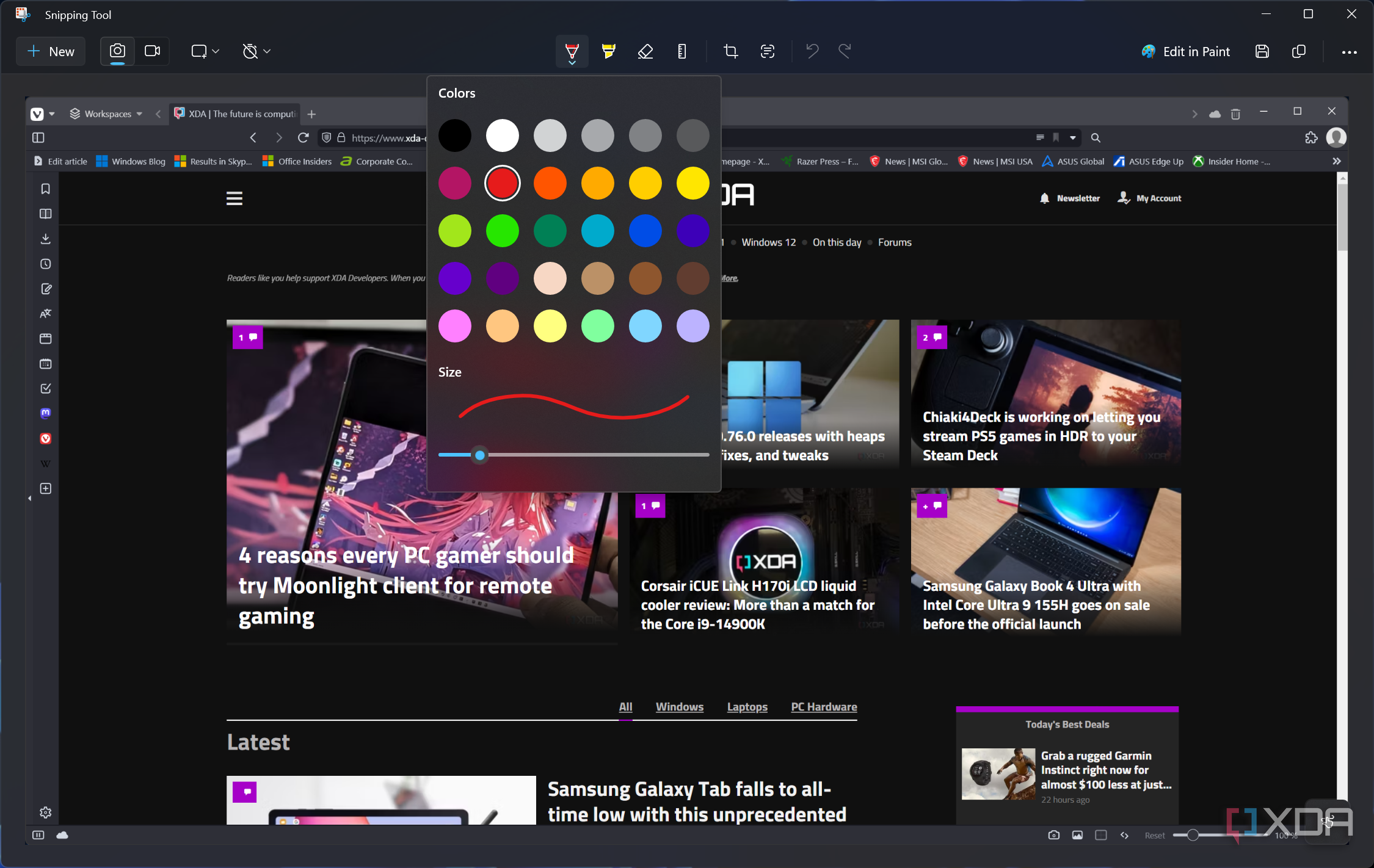 Screenshot of the Snipping Tool editing UI showing the customization options for the pen tool