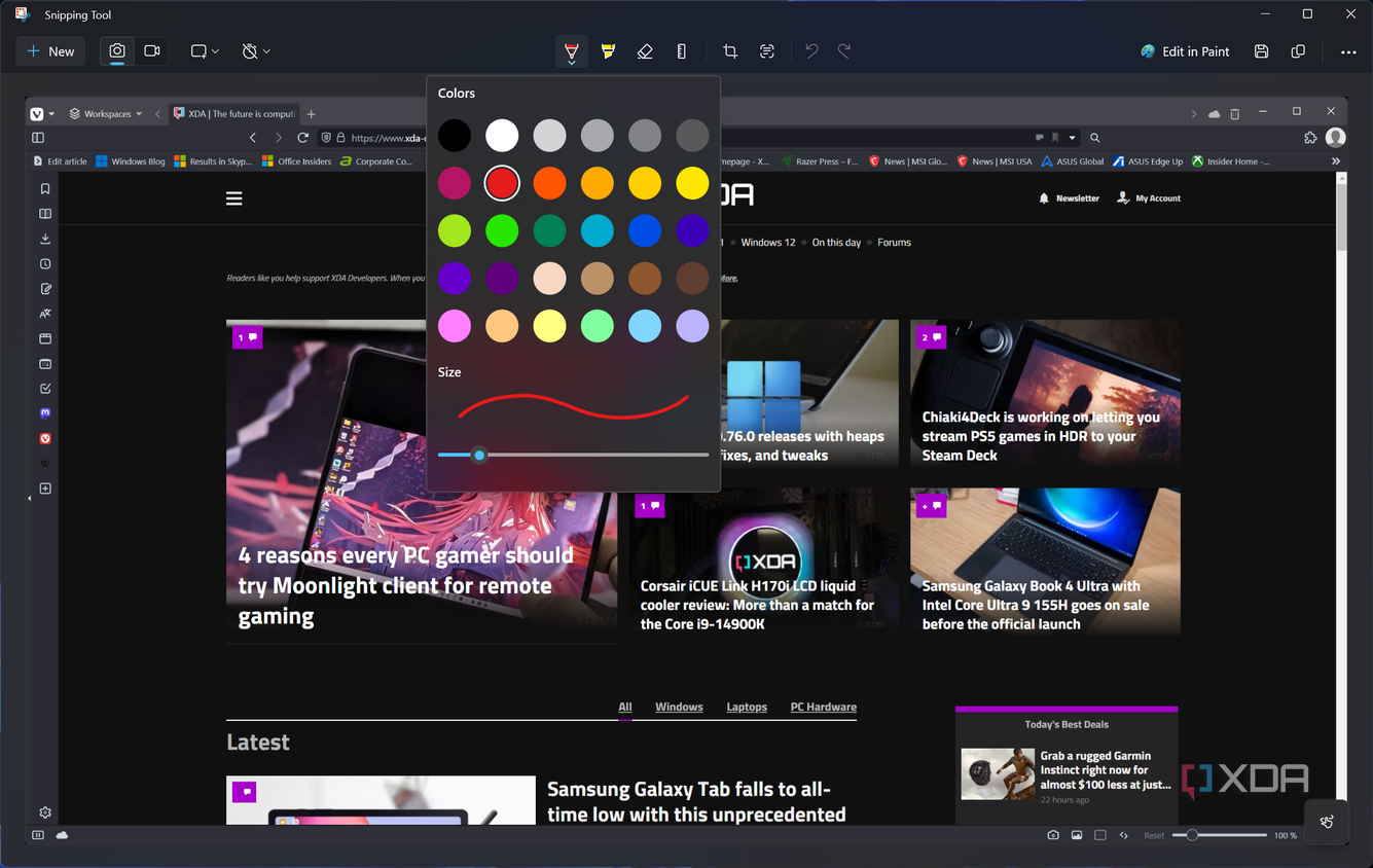 Screenshot of the Snipping Tool editing UI showing the customization options for the pen tool