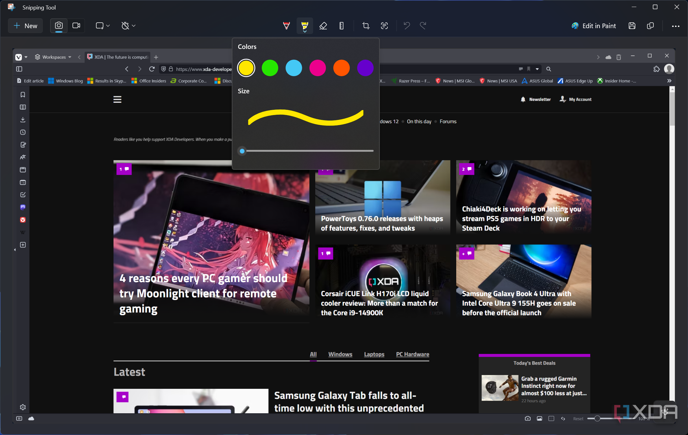 Screenshot of the Snipping Tool editing UI showing the customization options for the highlighter tool