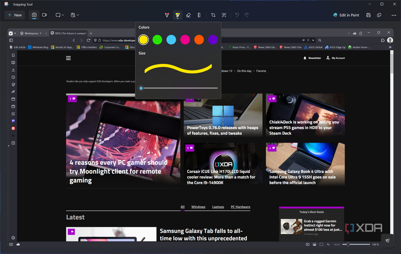 Screenshot of the Snipping Tool editing UI showing the customization options for the highlighter tool