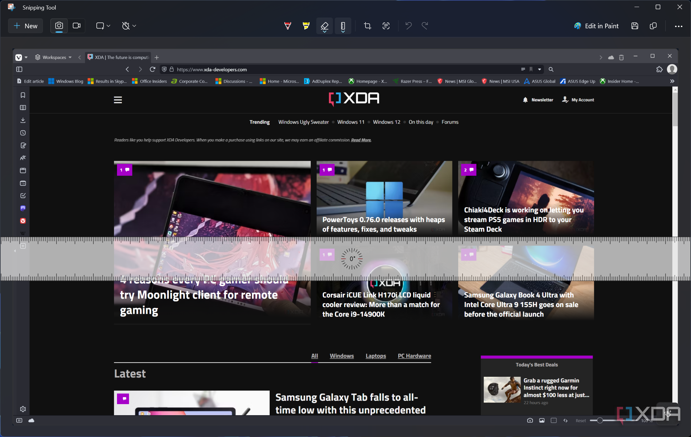 Screenshot of the Snipping Tool editing UI showing the ruler on the screenshot