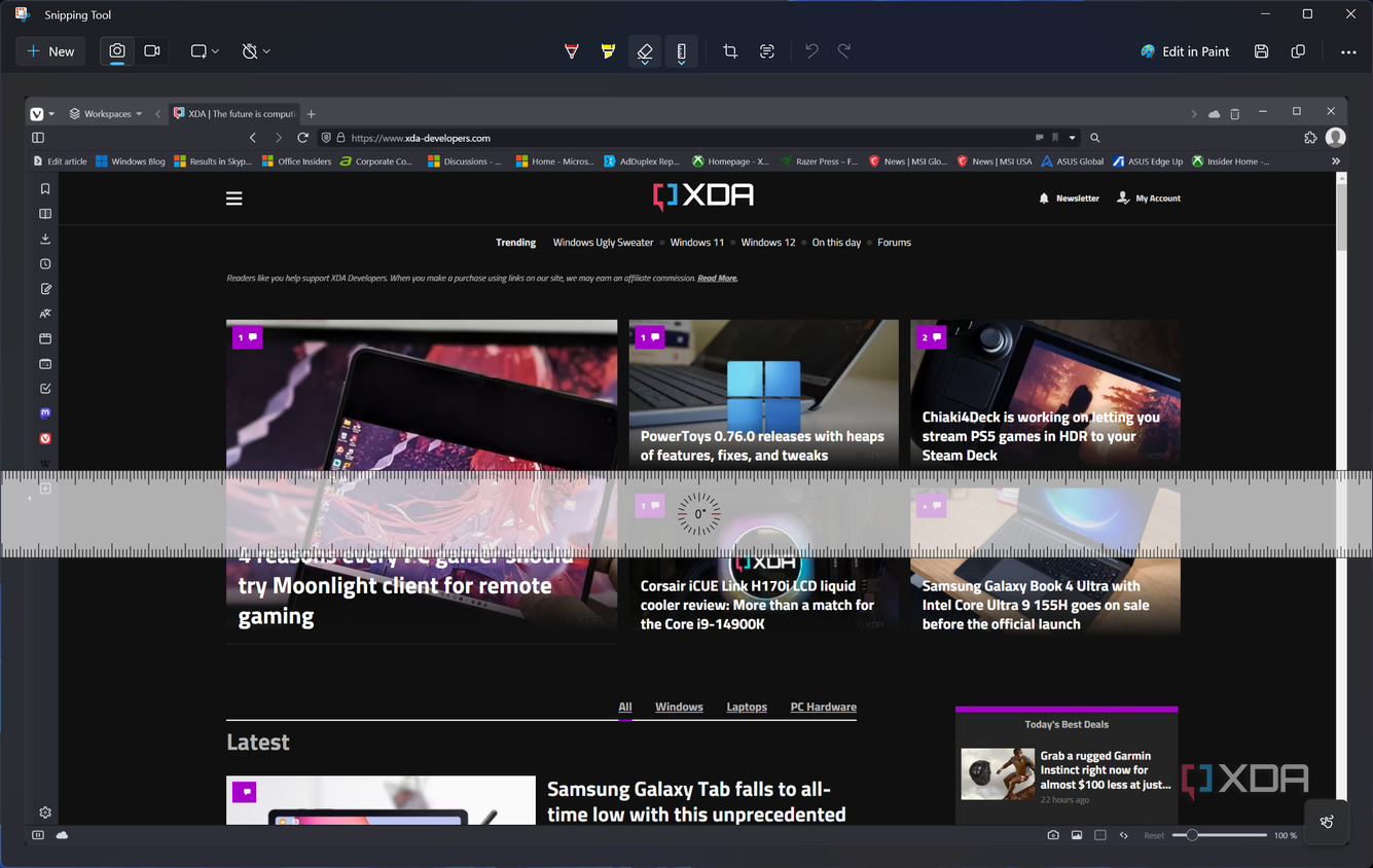 Screenshot of the Snipping Tool editing UI showing the ruler on the screenshot