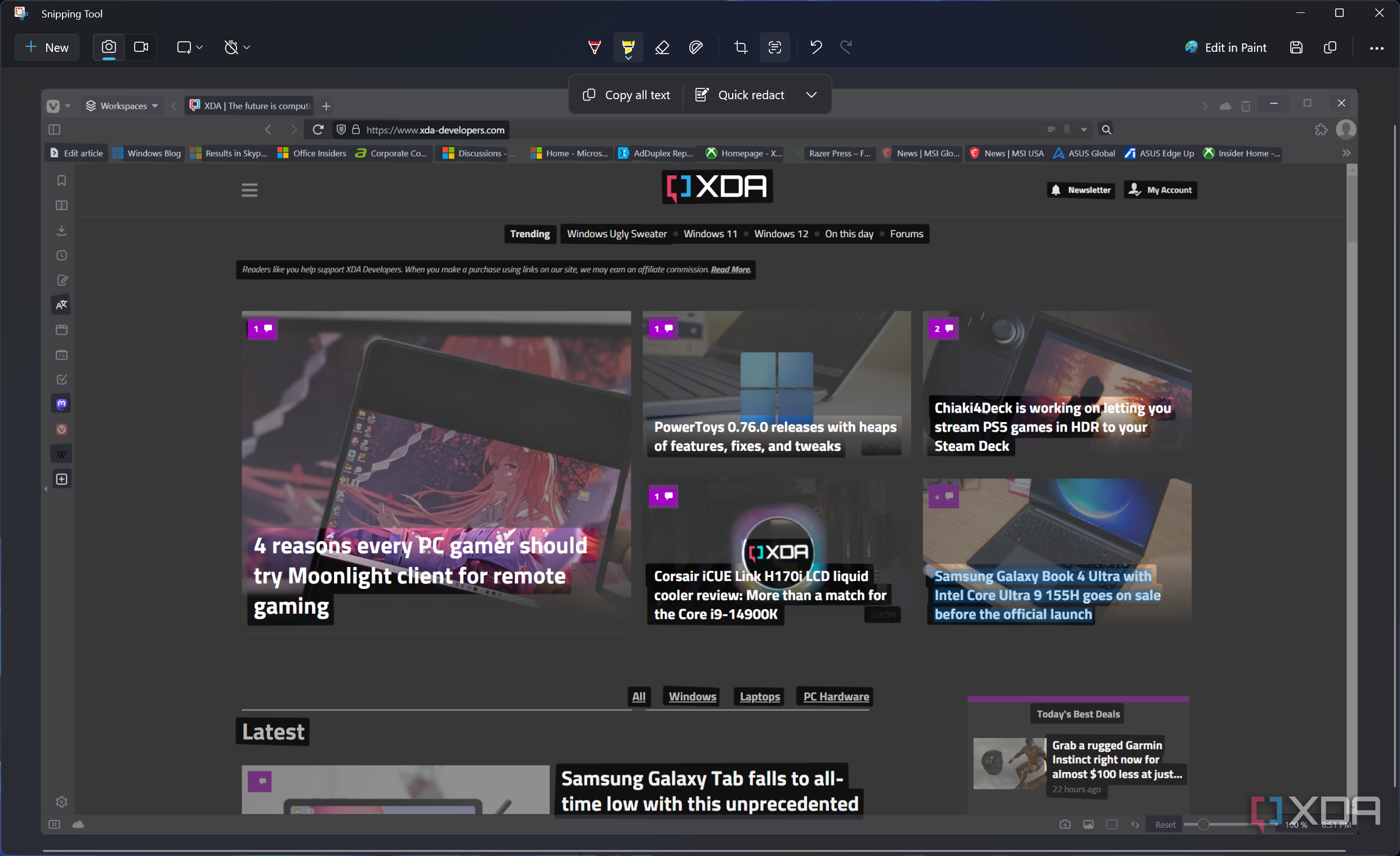 Screenshot of the Snipping Tool with the text recognition tool enabled and some text selected