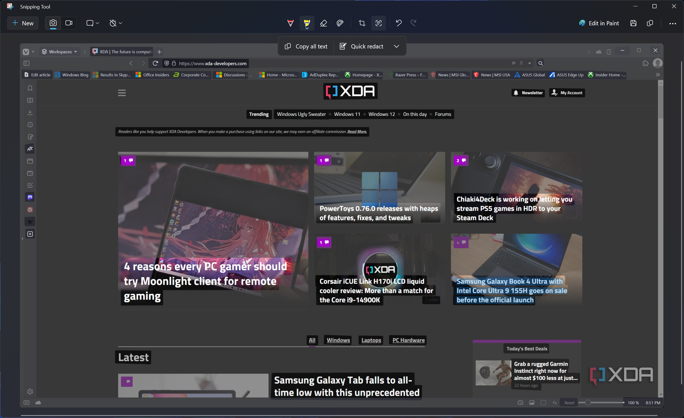 Screenshot of the Snipping Tool with the text recognition tool enabled and some text selected