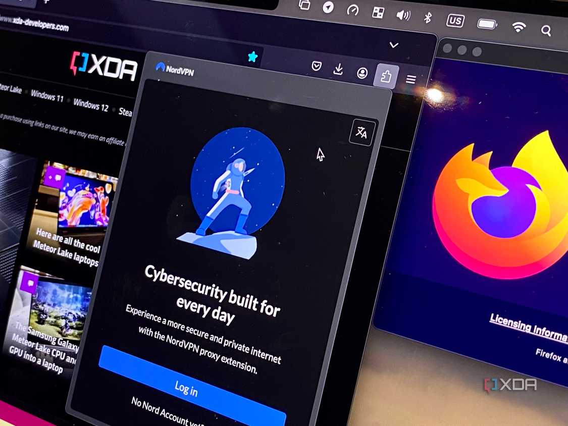 The NordVPN add-on for Firefox shows the main login screen on Mac