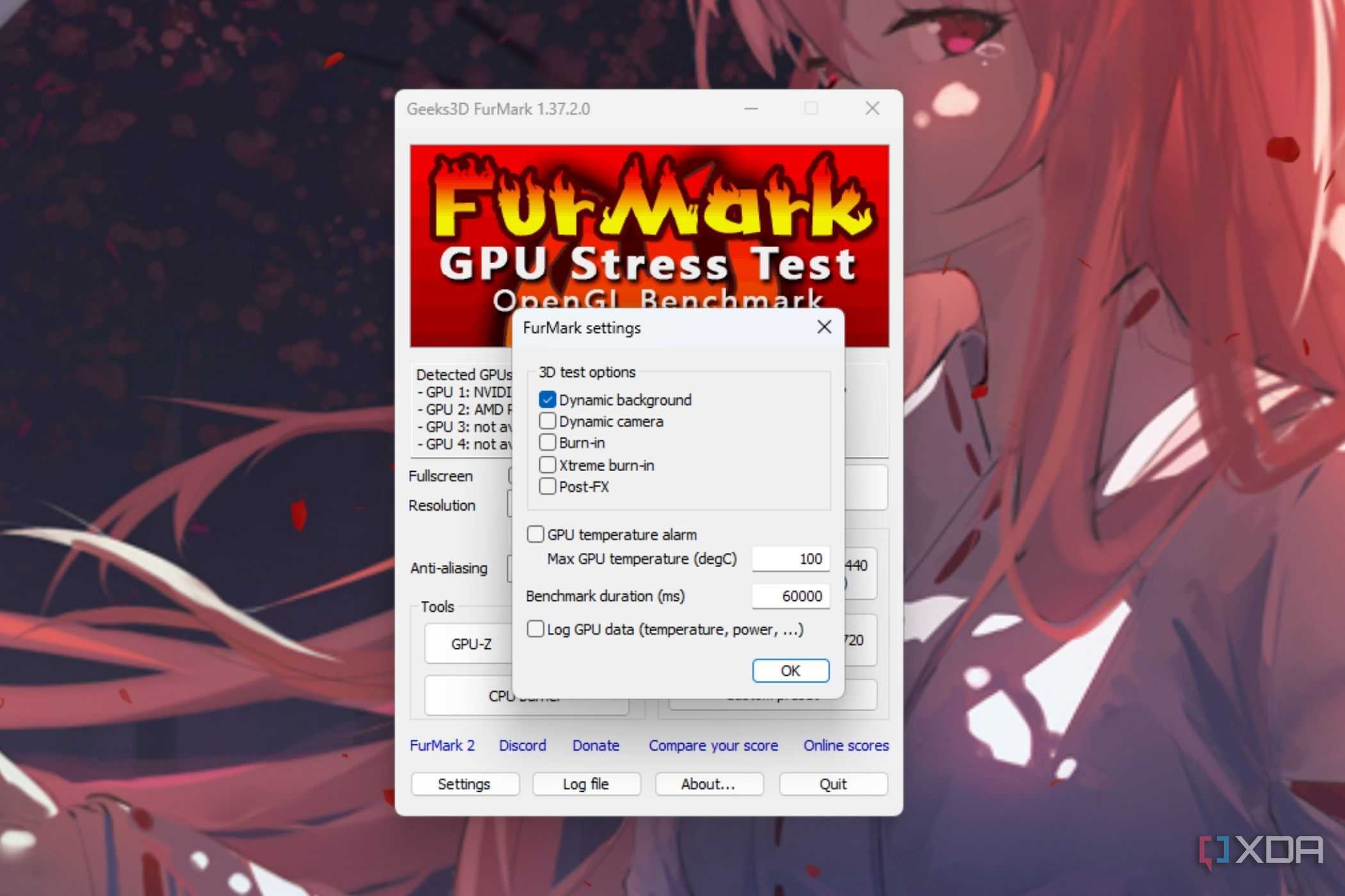 A screenshot showing the FurMark settings window.