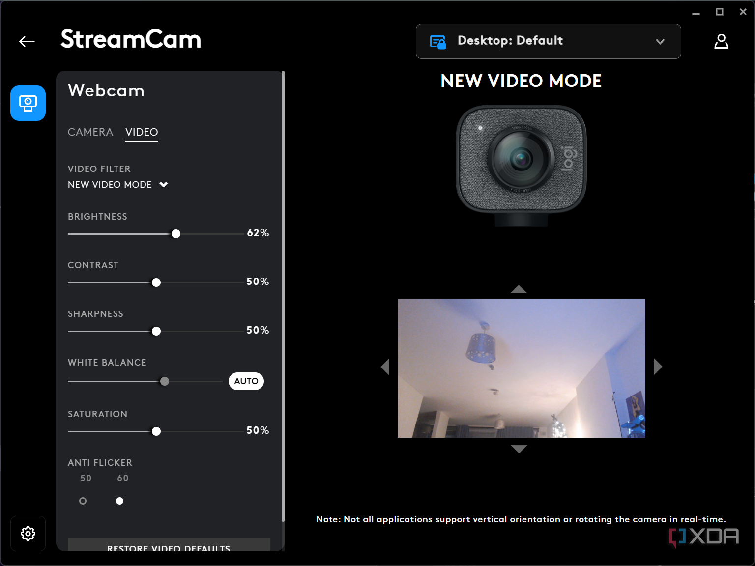 Logitech G Hub StreamCam video mode settings
