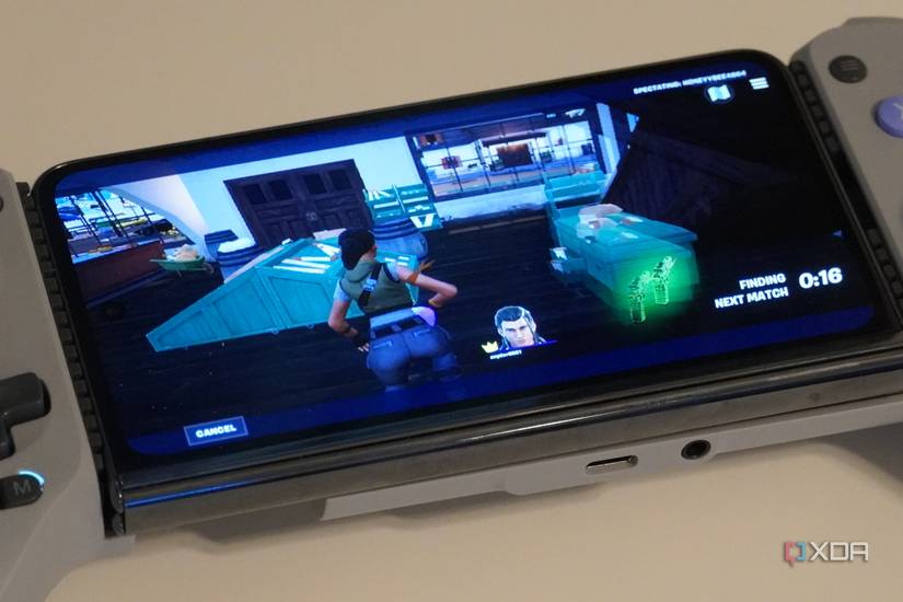 Fortnite running on a Pixel Fold with the G8 Galileo gaming controller.