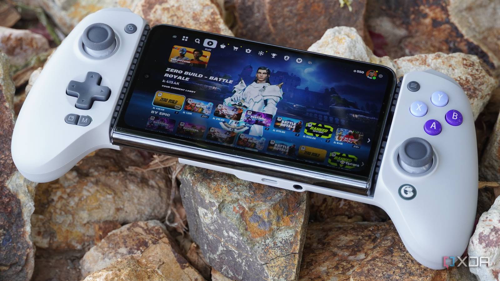 Fortnite running on a Pixel Fold connected to a Galileo G8 controller.