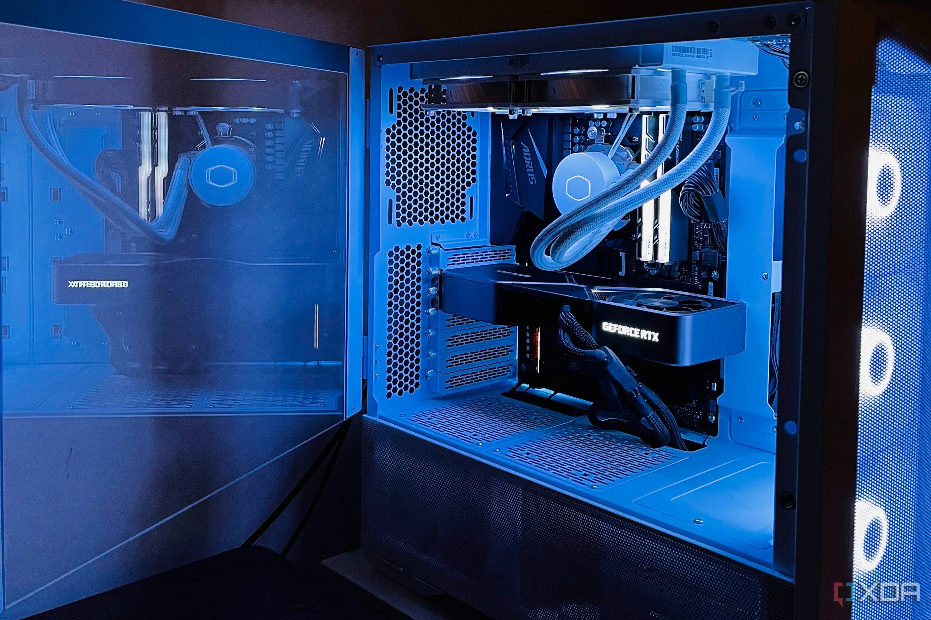 Close-up shot of a gaming PC with RTX 3080 FE