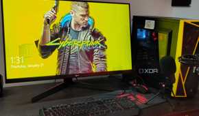 Image of Gaming PC setup with Cyberpunk 2077 wallpaper on monitor