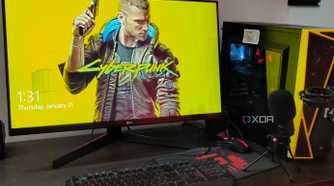 Image of Gaming PC setup with Cyberpunk 2077 wallpaper on monitor