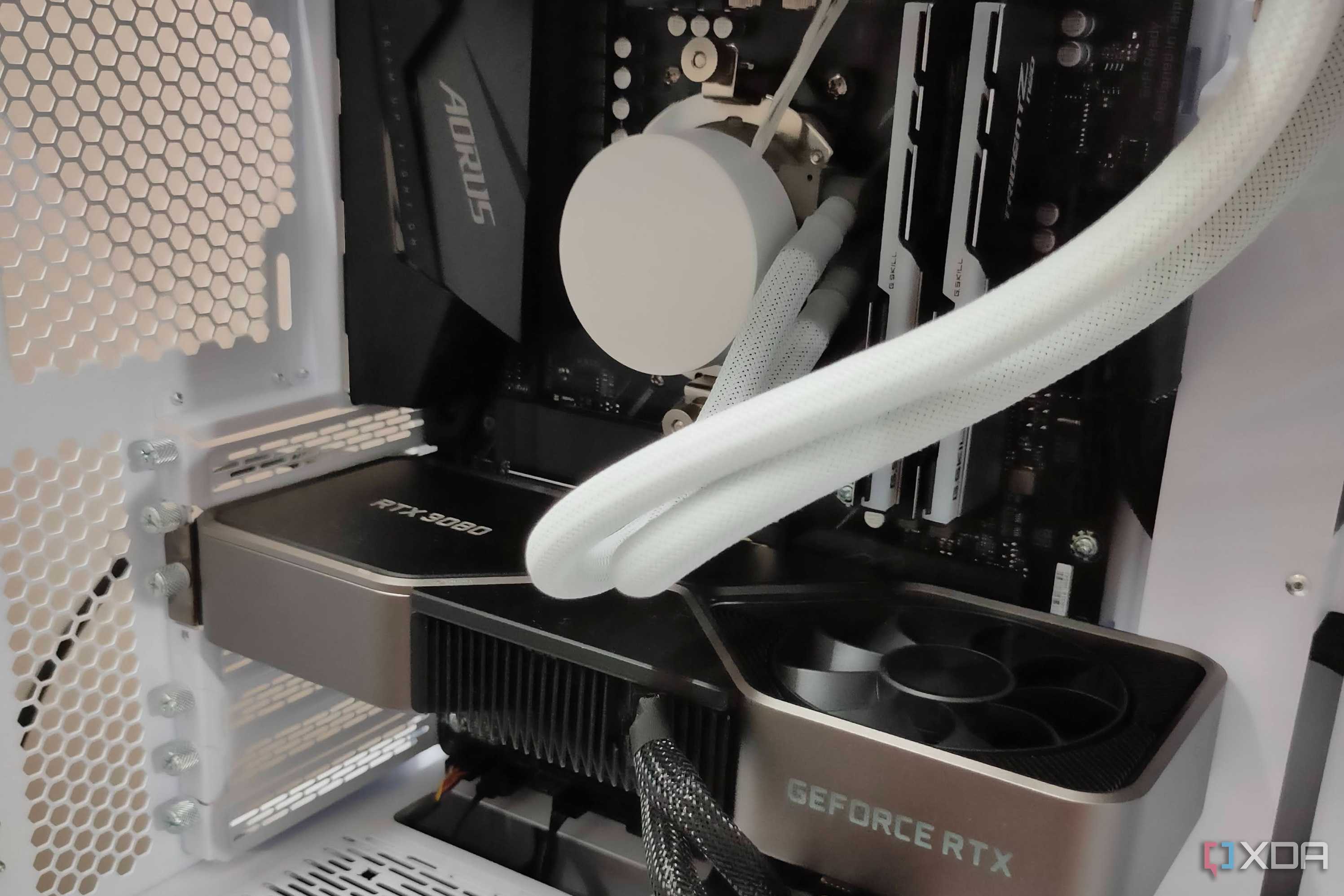 Close up of GeForce RTX 3080 FE inside a white gaming PC