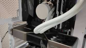 Close up of GeForce RTX 3080 FE inside a white gaming PC