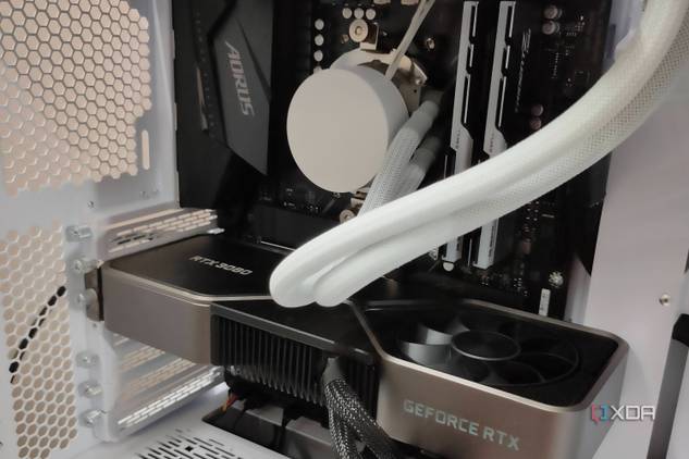 Close up of GeForce RTX 3080 FE inside a white gaming PC