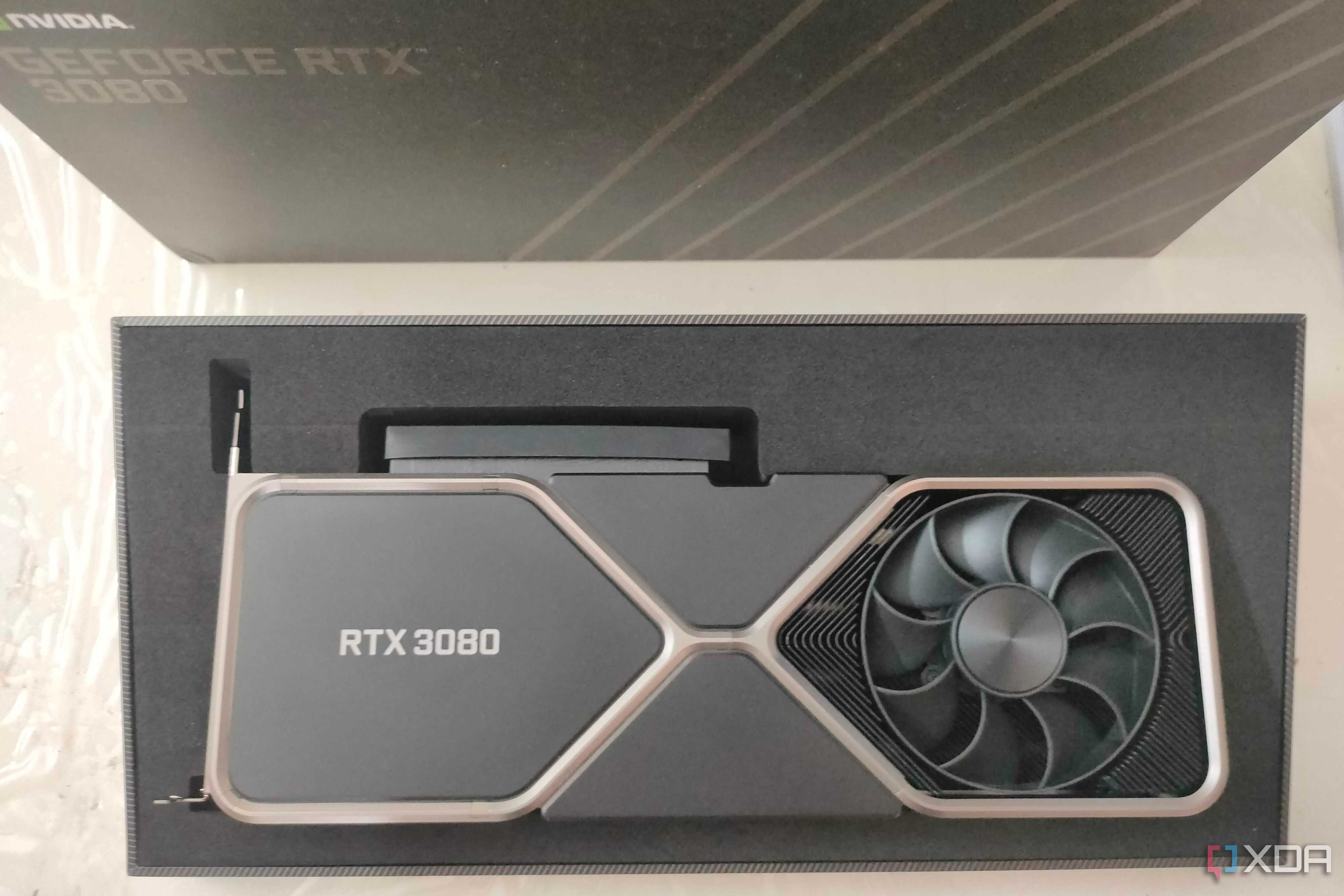 Close up of GeForce RTX 3080 FE with box