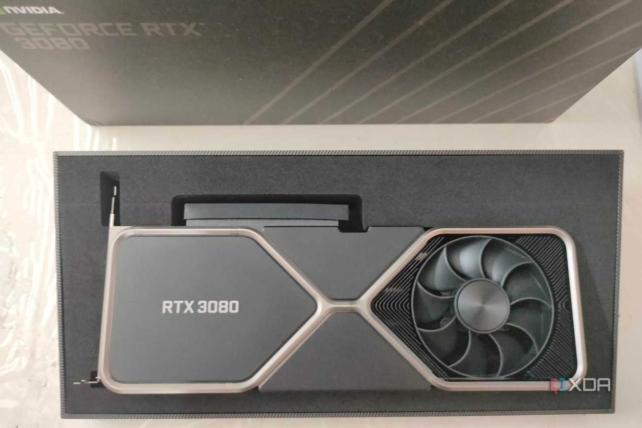Close up of GeForce RTX 3080 FE with box