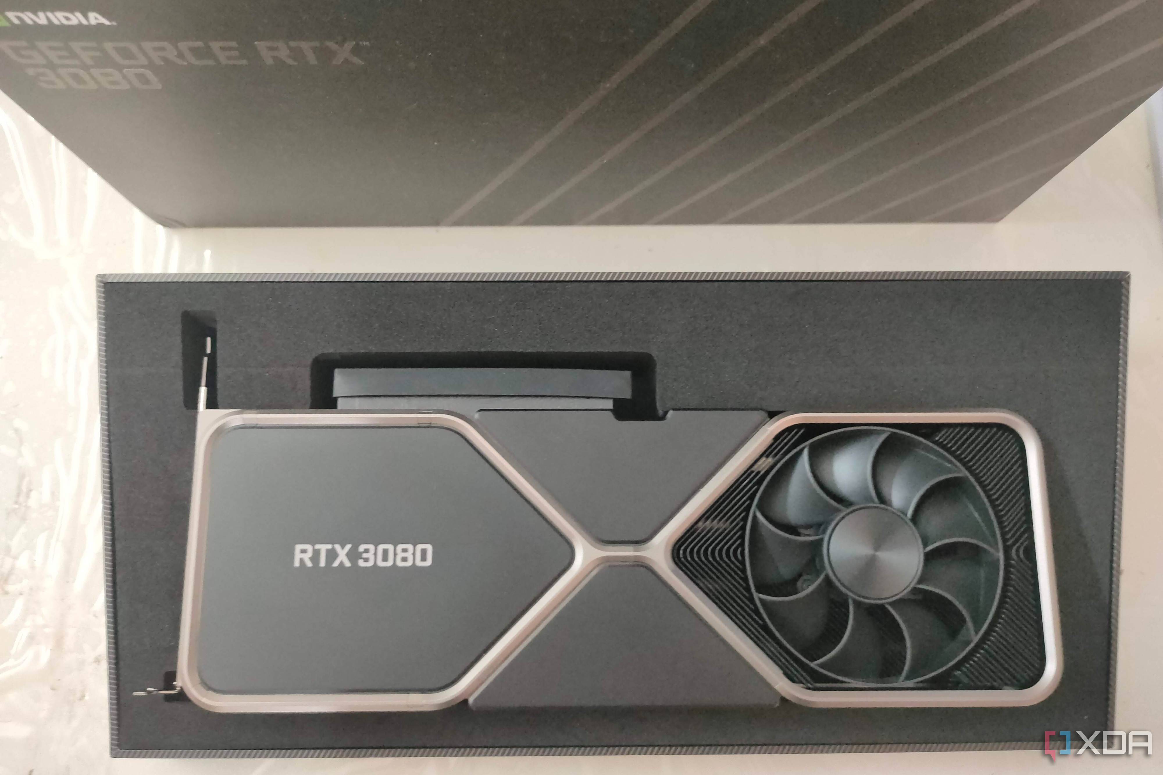 Close up of GeForce RTX 3080 FE with box