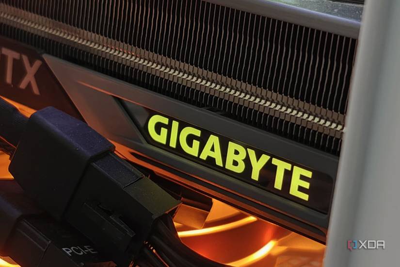An image showing the lit up Gigabyte logo on a GeForce RTX 4070 Ti Gaming OC GPU.