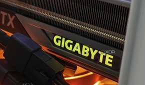 An image showing the lit up Gigabyte logo on a GeForce RTX 4070 Ti Gaming OC GPU.