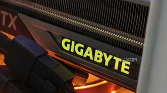 An image showing the lit up Gigabyte logo on a GeForce RTX 4070 Ti Gaming OC GPU.