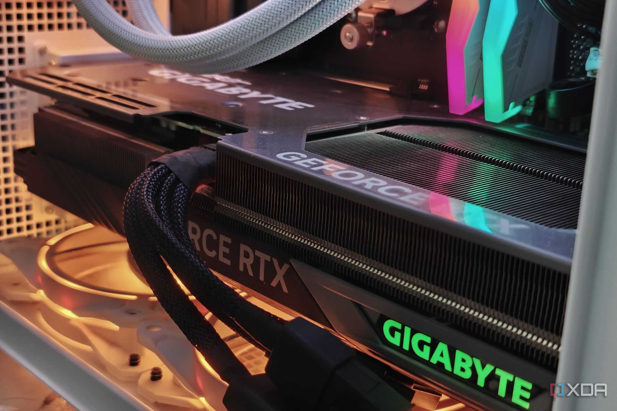 An image showing the Gigabyte GeForce RTX 4070 Ti Gaming OC GPU installed in a PC with RGB lights.