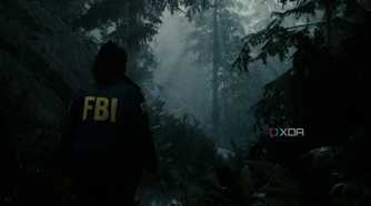 A screenshot showing "god rays" peeking through the trees in Alan Wake 2.