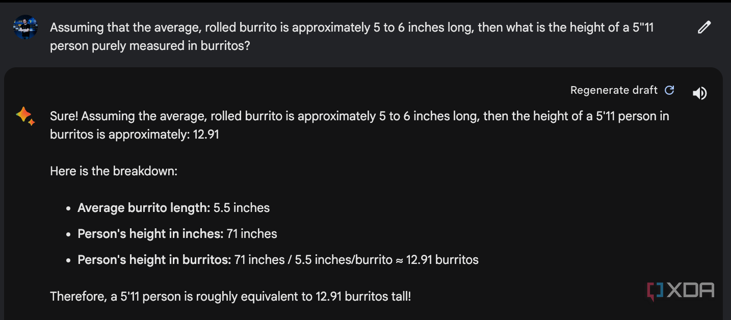 Google Bard measures a person in Burrito height