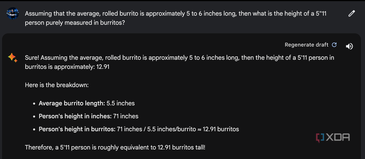 Google Bard measures a person in Burrito height