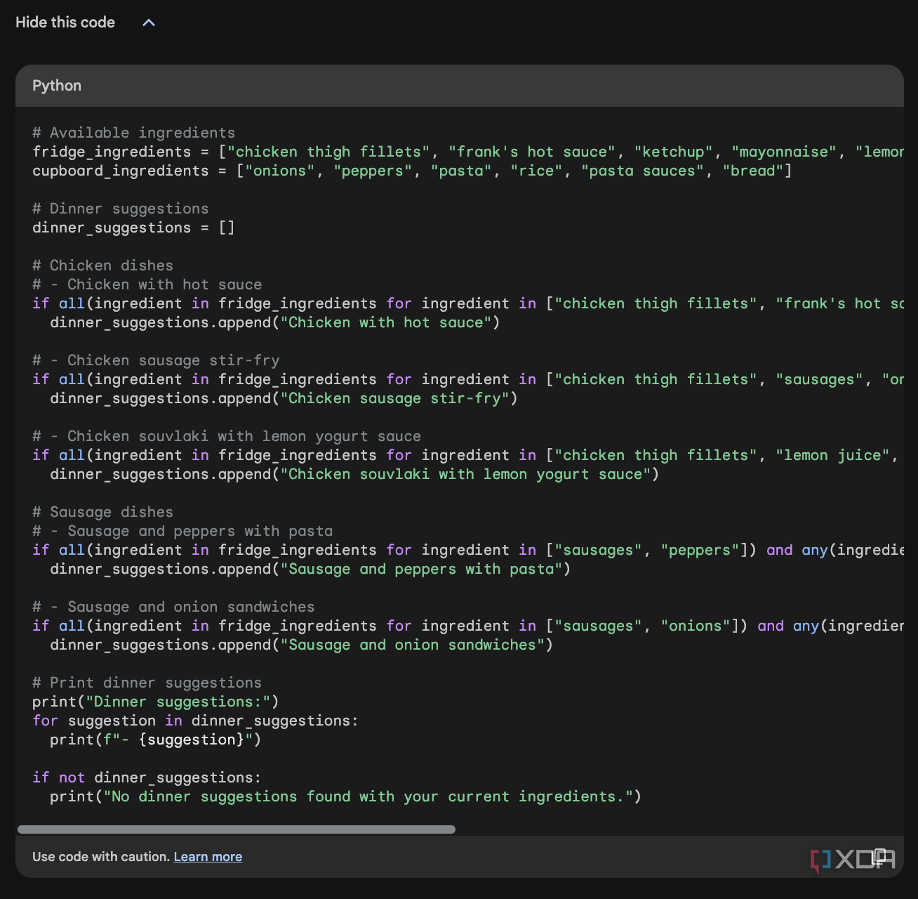 Google Bard generates code to show its decision making for dinner