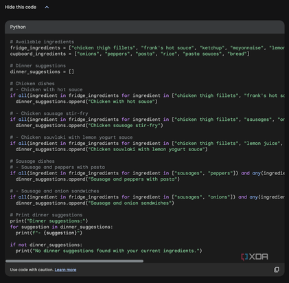 Google Bard generates code to show its decision making for dinner