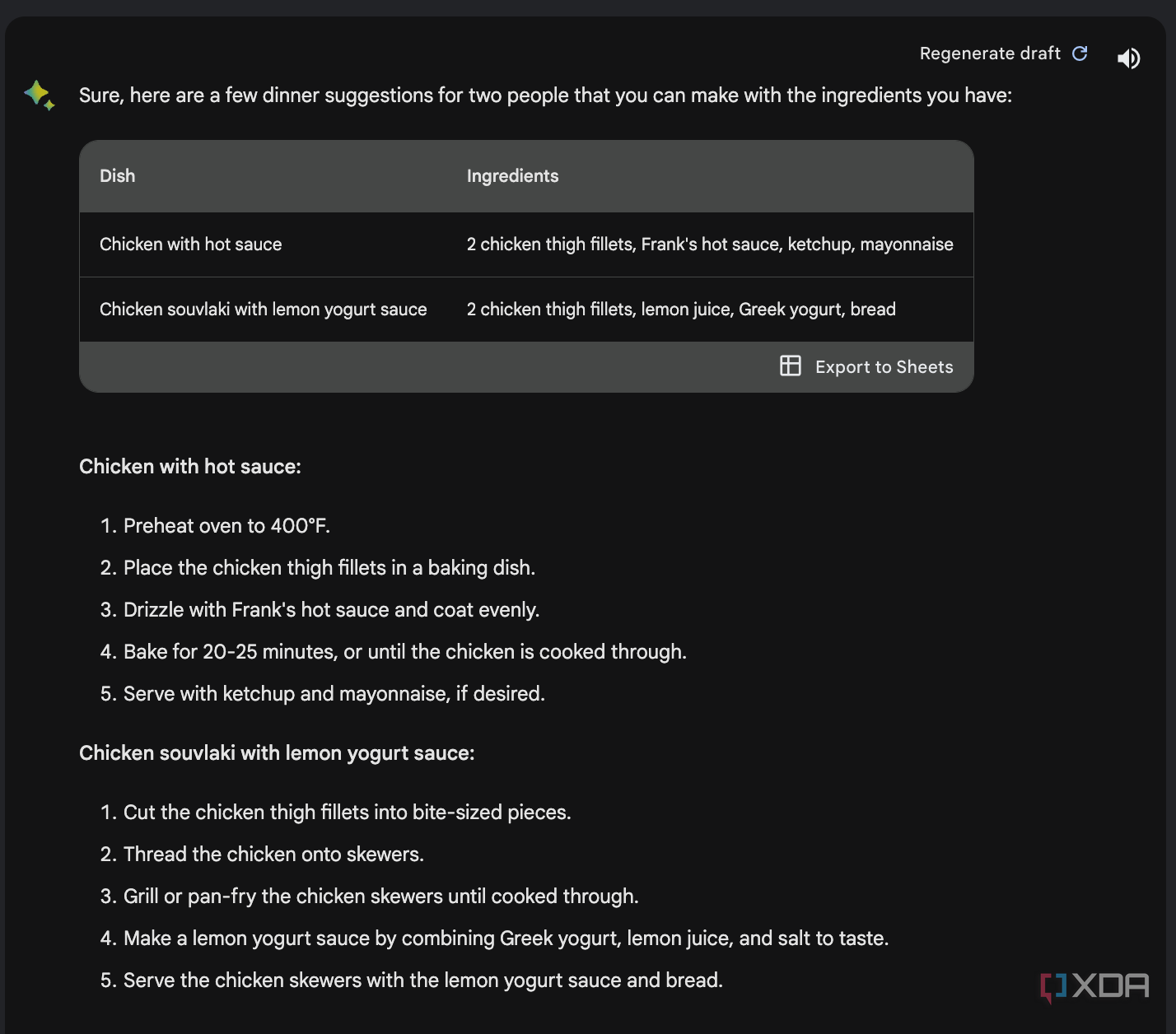 Google Bard provides two recipes for chicken with hot sauce and for chicken souvlaki