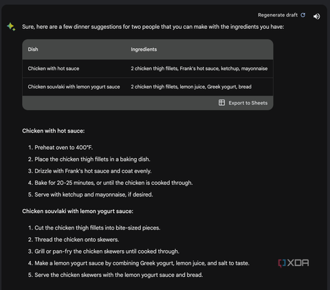 Google Bard provides two recipes for chicken with hot sauce and for chicken souvlaki