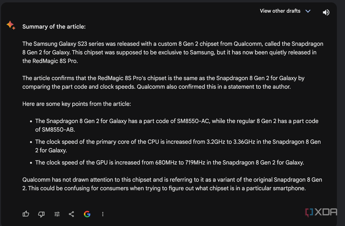 Google Bard Gemini summarises an XDA article about the Snapdragon 8 Gen 2
