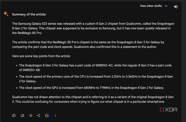 Google Bard Gemini summarises an XDA article about the Snapdragon 8 Gen 2