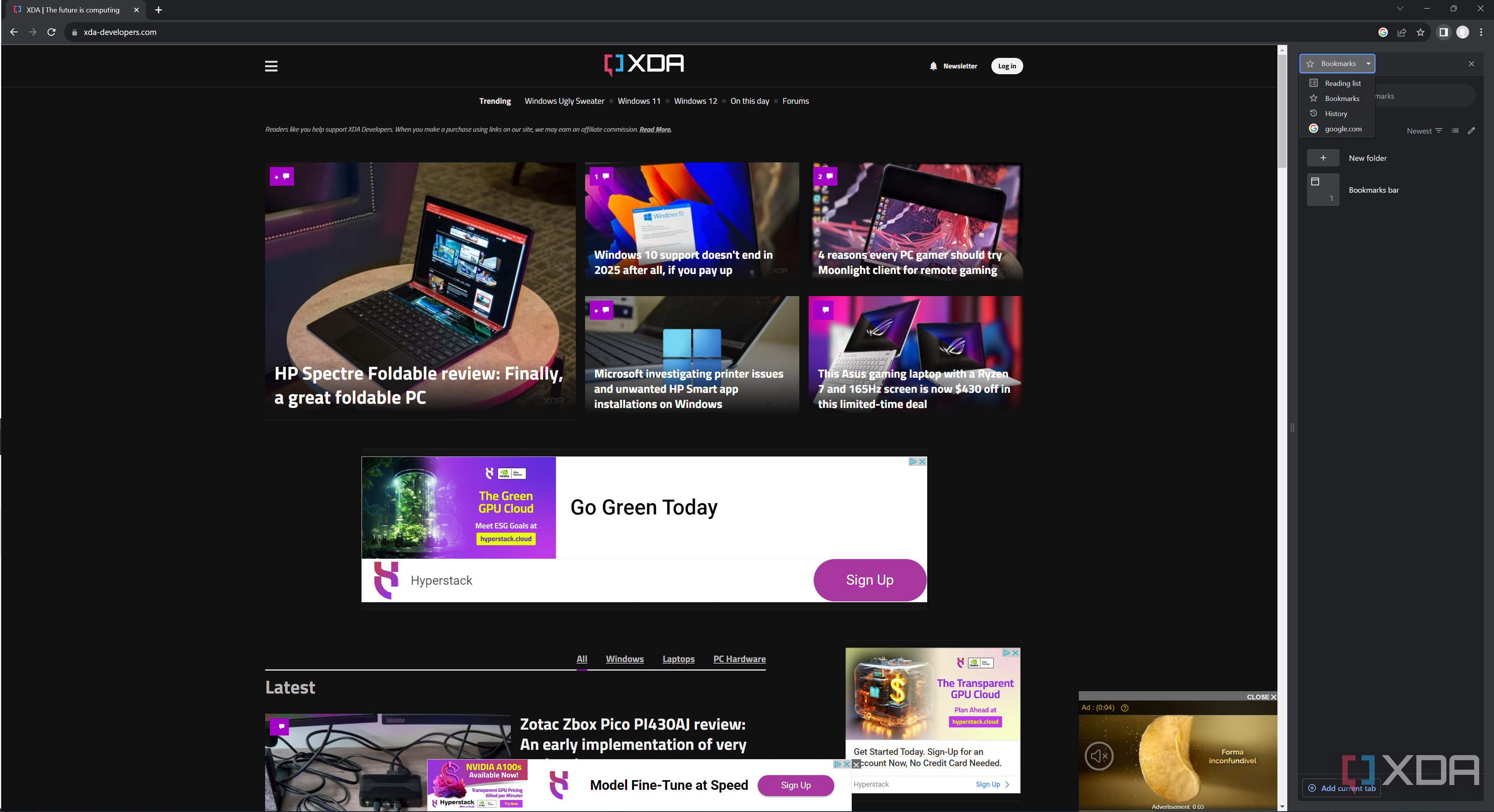 Screenshot of Google Chrome displaying the XDA homepage and the sidebar containing bookmarks