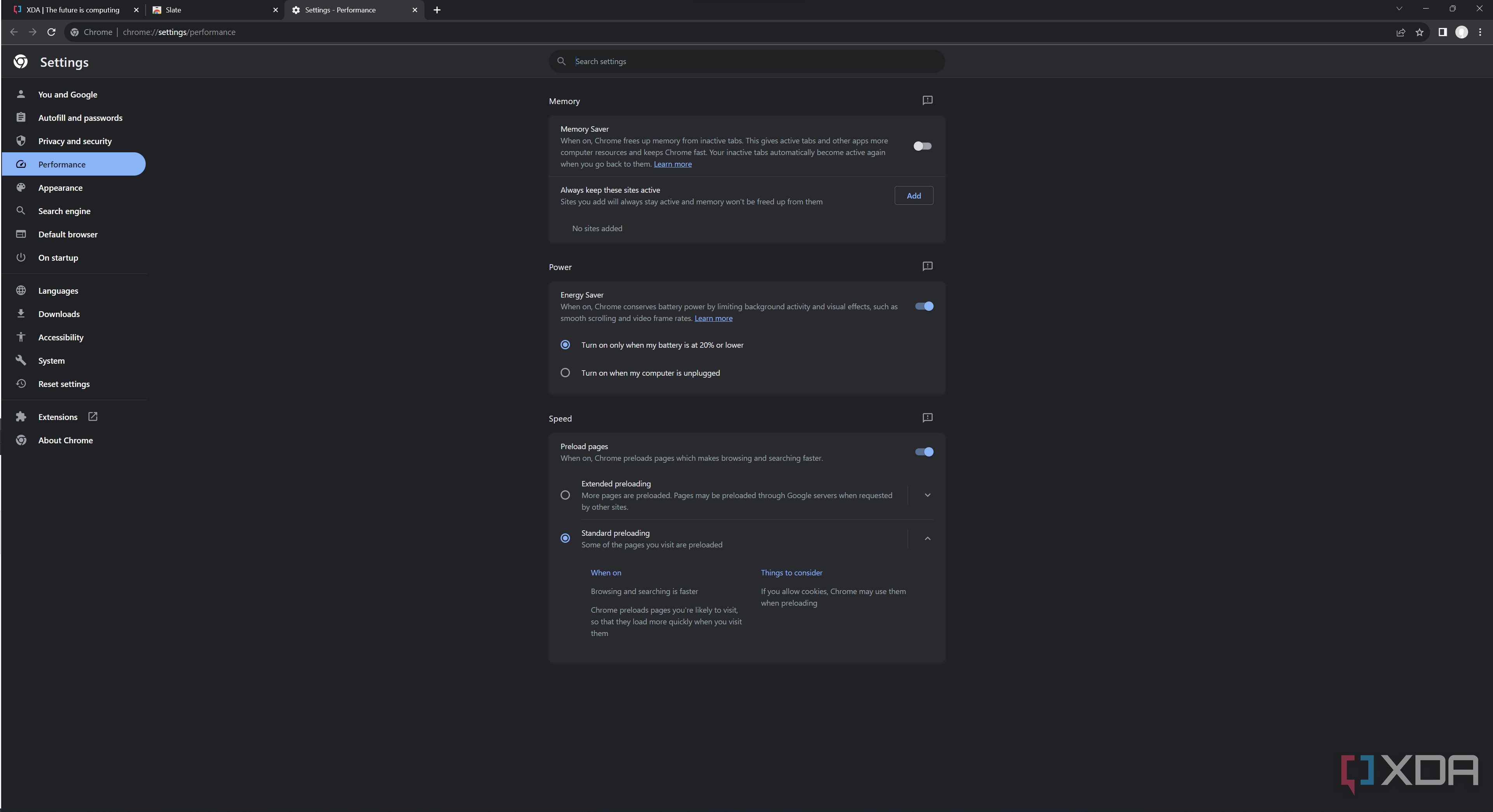 Screenshot of Google Chrome settings