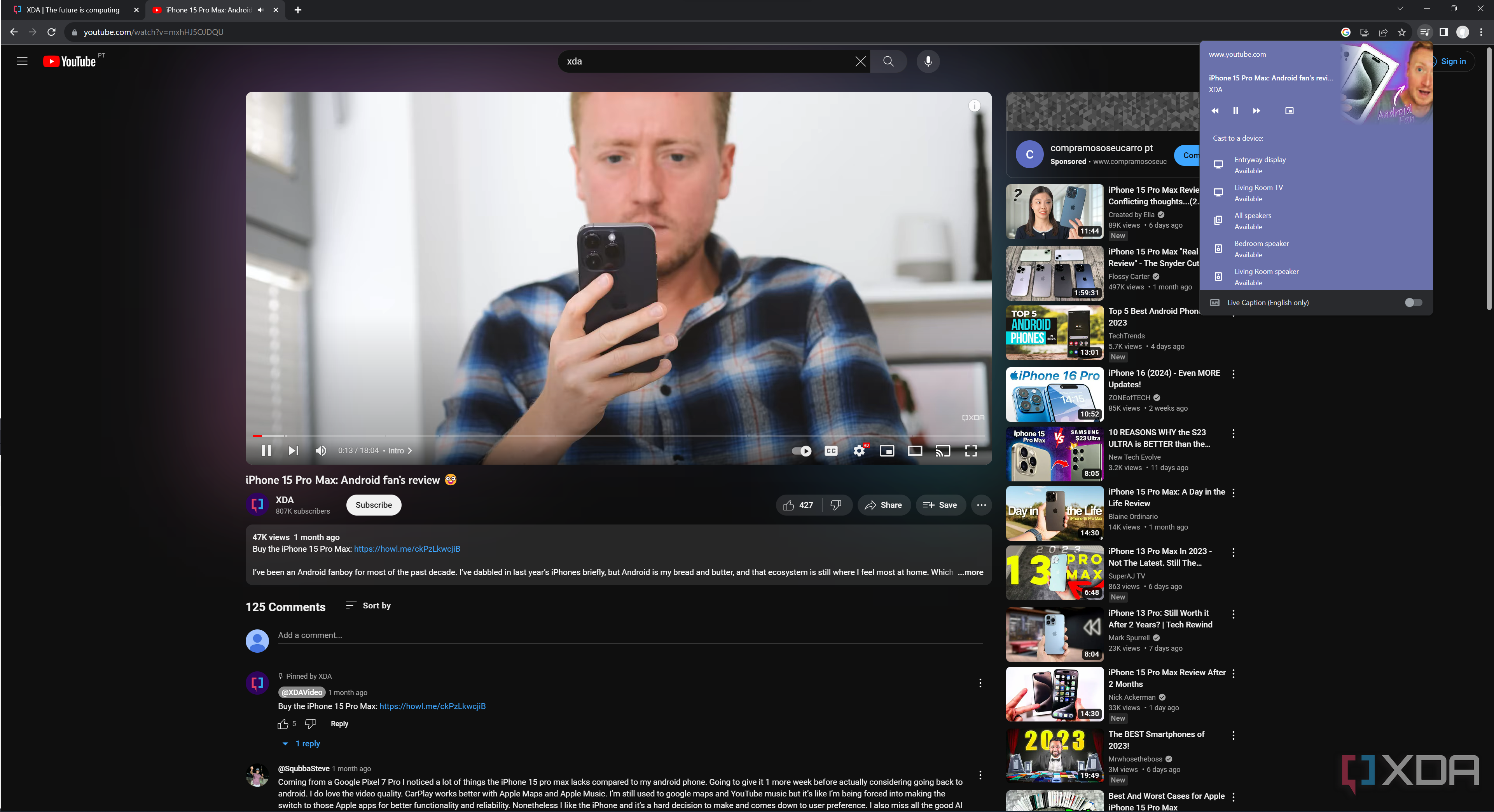 Screenshot of a YouTube video in Google Chrome with the Cast menu open