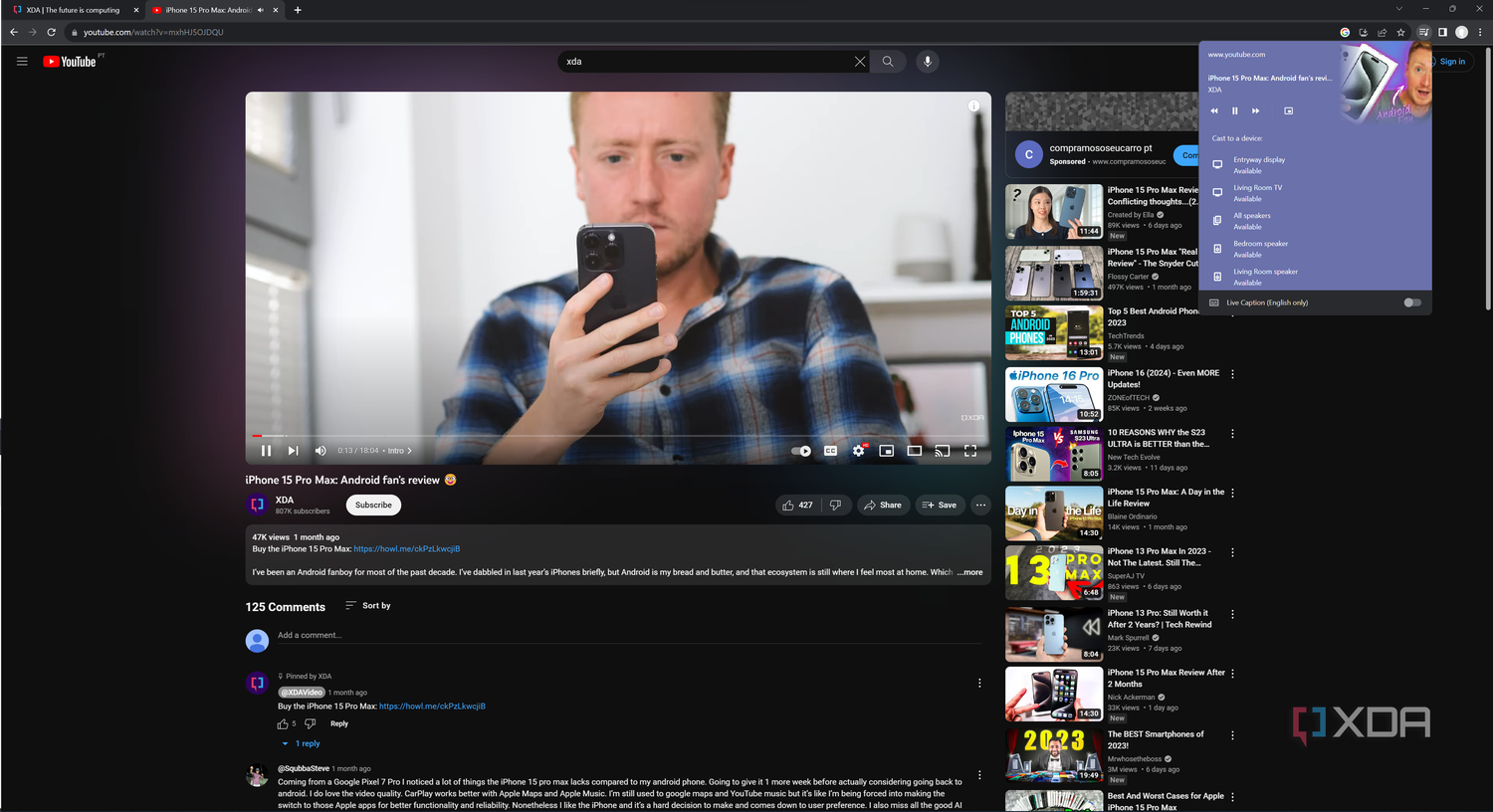 Screenshot of a YouTube video in Google Chrome with the Cast menu open